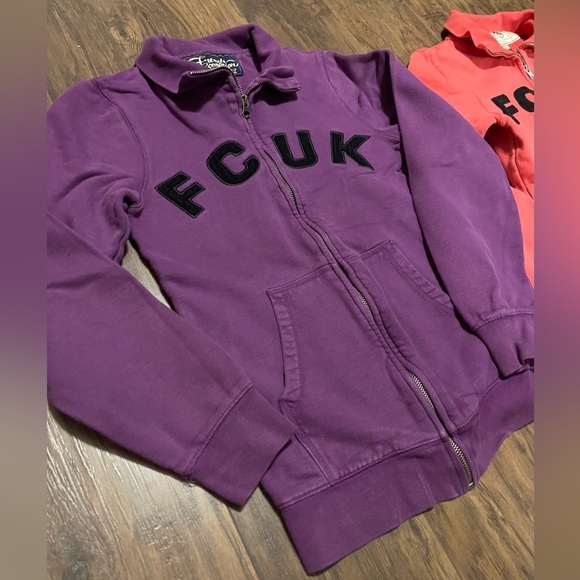 2 FCUK zippered collared sweaters vintage French connection XS pink & purple - Picture 2 of 8